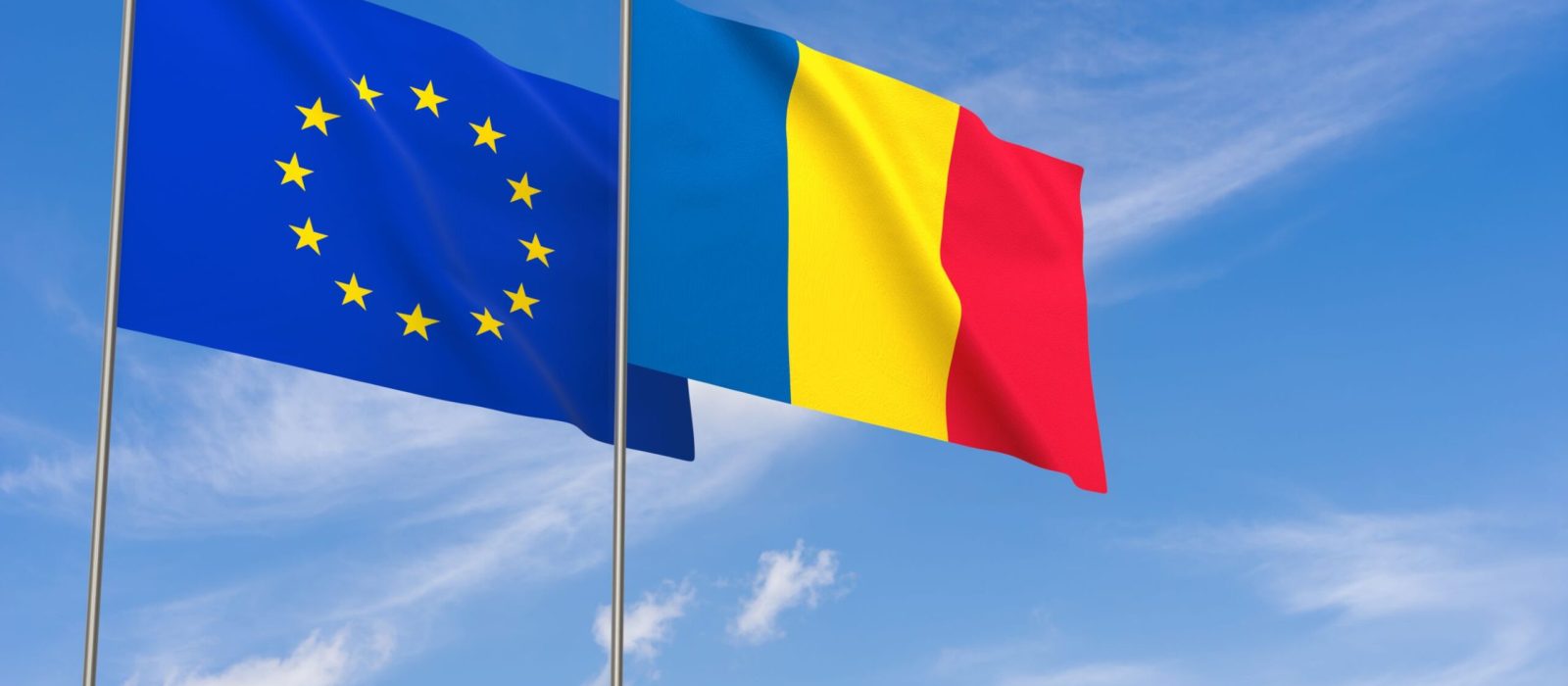 european-union-romania-flags-blue-sky-background-3d-illustration